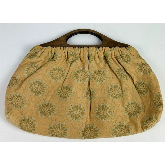 Vintage Wood Handle Fabric Tapestry Purse Handbag Retro Cottagecore Prairie - Picture 3 of 7